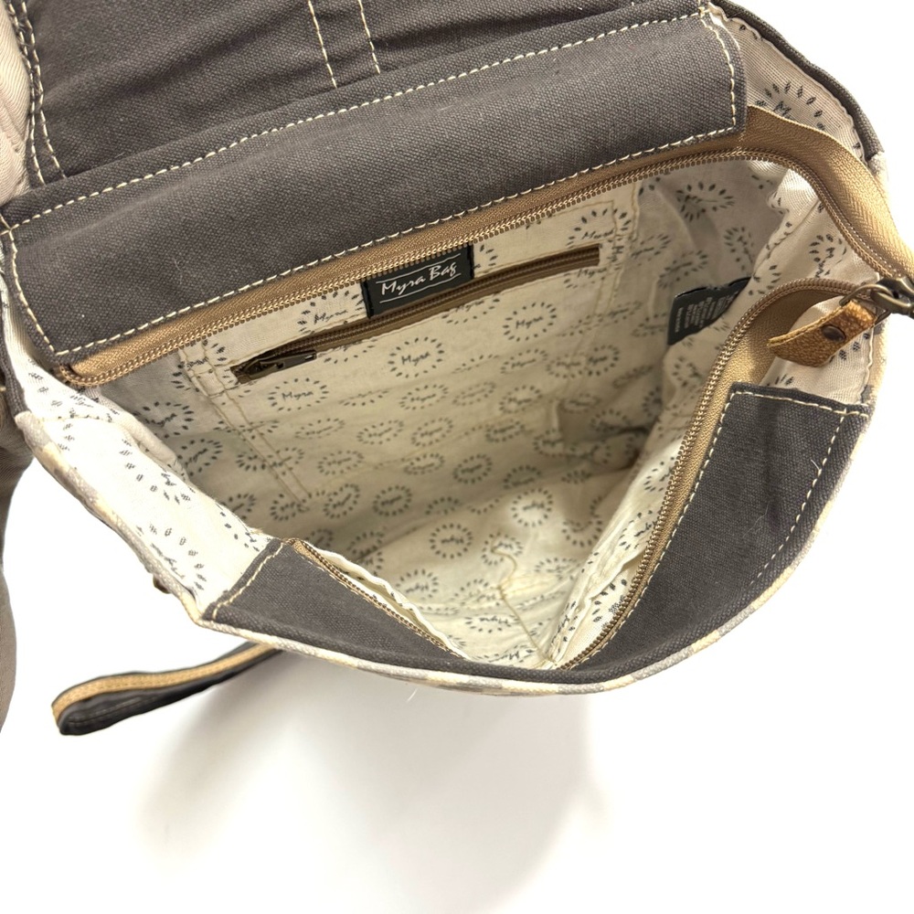 Myra Bag Artist's Impression Hairon Flapover Canvas & Leather Backpack Boho Chic - Picture 5 of 9